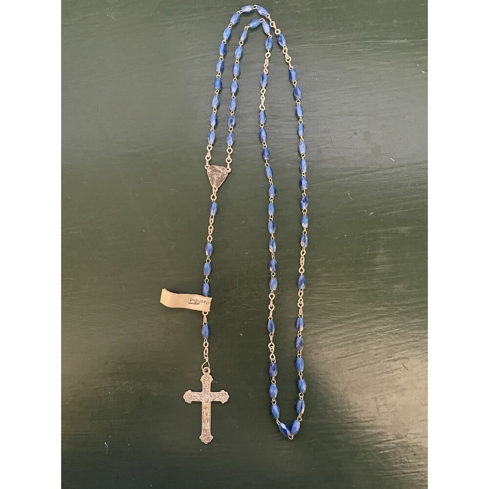 Vintage Catholic ROSARY 19 inches Blue Glass Beads Made in Switzerland